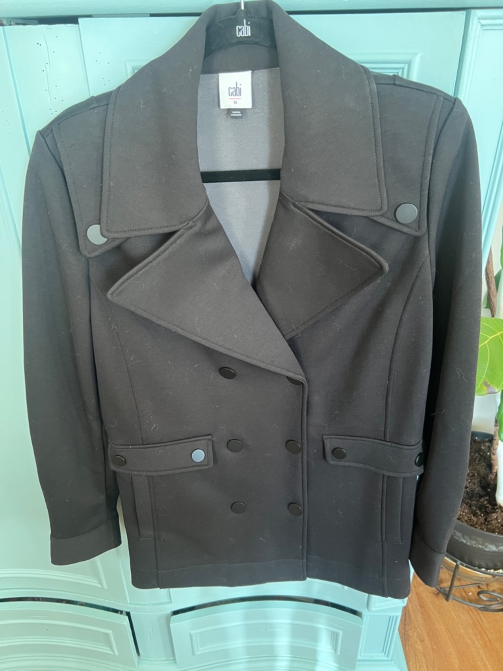 CAbi Black Double-Breasted Peacoat with Notched Lapel
